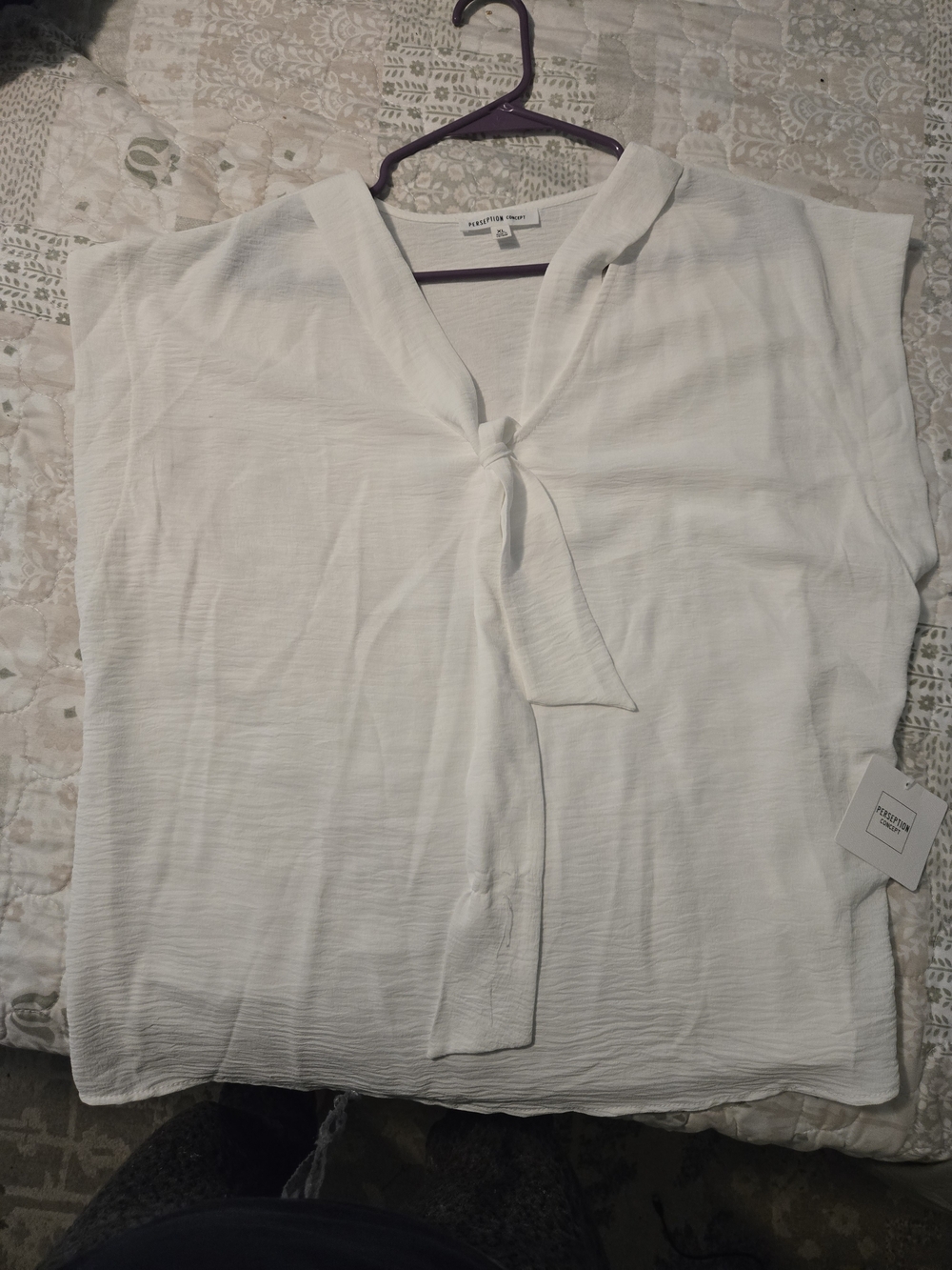 PerSeption Concept White Tie-Neck Textured Blouse